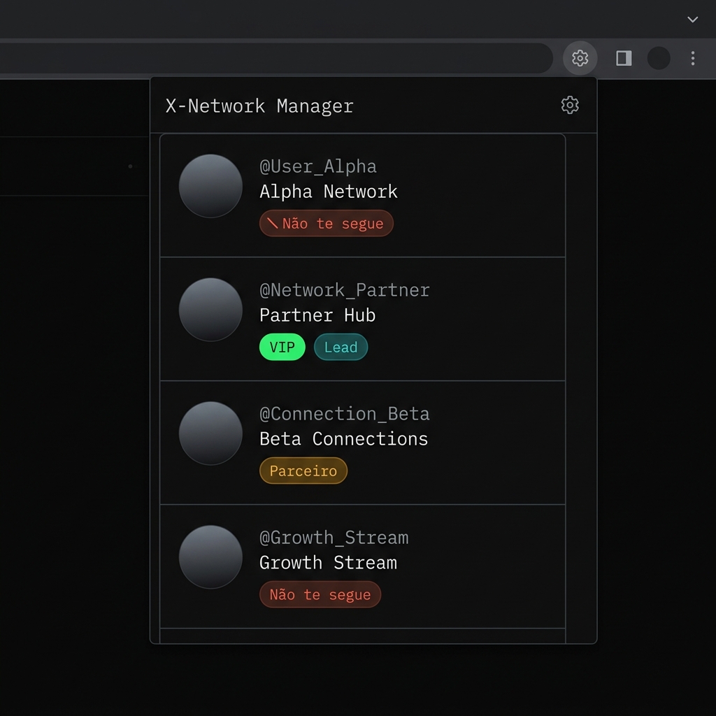 Mockup do X-Network Manager no feed do X/Twitter